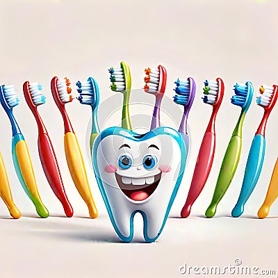 Funny cartoon character children smiling dental cleaning toothbrush Cartoon Illustration