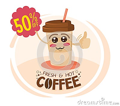 Funny cartoon character coffee cup holding a sign with special offer. Coffee discount concept Vector Illustration