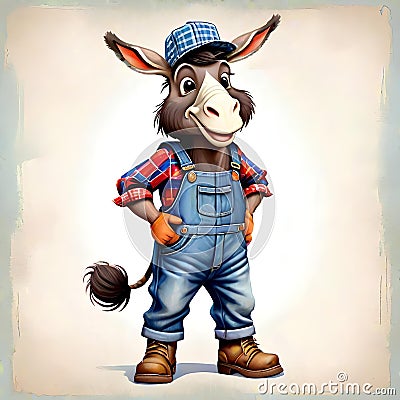 Funny cartoon character farm burro donkey work clothes portrait Cartoon Illustration