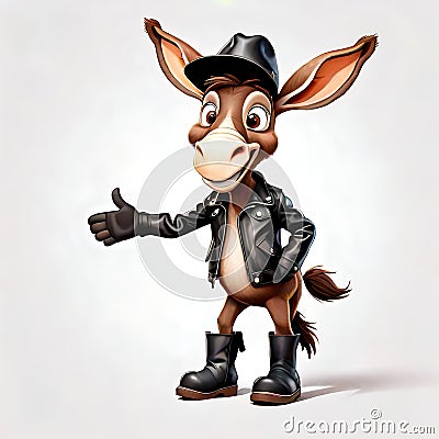 Funny cartoon character farm donkey burro leather jacket hat boots Cartoon Illustration
