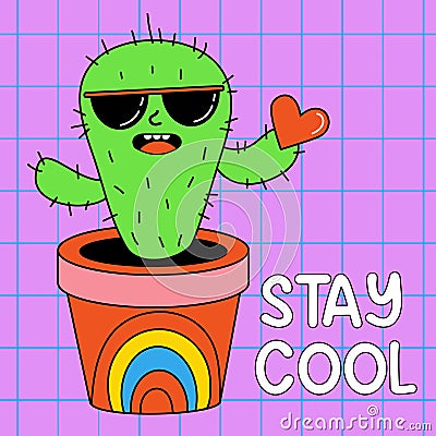 Funny cartoon character. Groovy element funky flowerpot cactus in sunglasses with red heart. Stay cool quote. Vector Vector Illustration