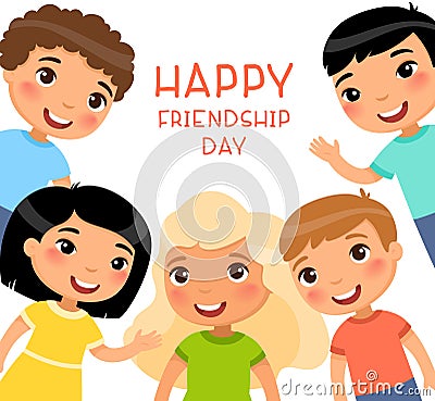 Friendship Day square poster. Five international children in a frame are smiling and waving. Cartoon Illustration