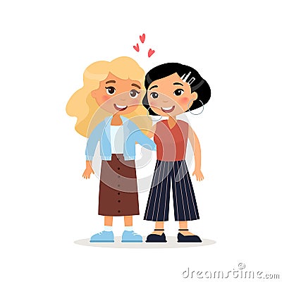 Two young women or lesbian couple hugging. International friends. Vector Illustration