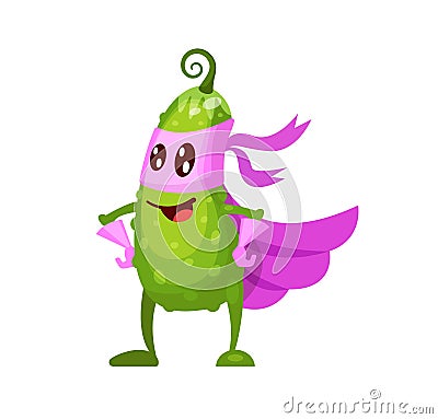 Funny cartoon character vegetable cucumber in superhero costume at masks emotion. Vegetable character super hero product fun food Vector Illustration