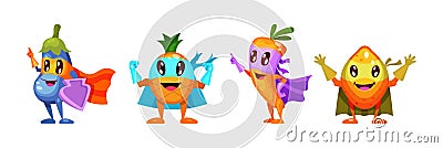 Funny cartoon character vegetable eggplant, pineapple, carrot, lemon in superhero costume at masks emotion points with hand. Vector Illustration