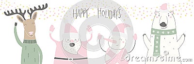 Funny cartoon characters Christmas card Vector Illustration