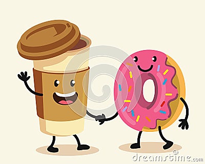 Funny cartoon characters coffee and donut. Vector Illustration