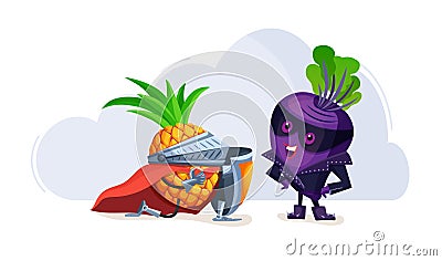 Cartoon characters fruits in superhero costumes lovers cherry and pineapple Vector Illustration