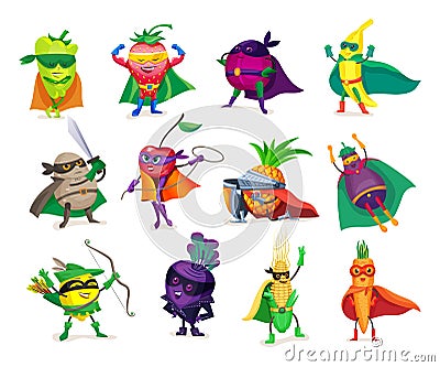 Funny cartoon characters vegetables and fruits in superhero costumes Vector Illustration