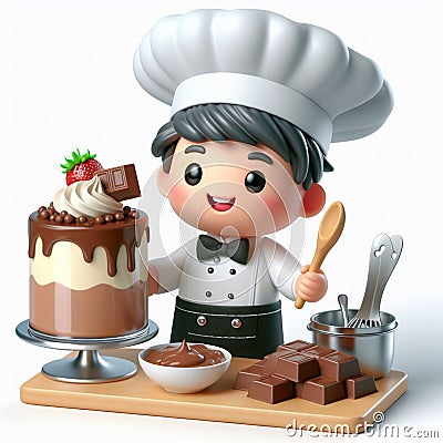 Funny cartoon of chef making delicious cakes. AI generated Stock Photo