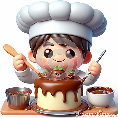 Funny cartoon of chef making delicious cakes. AI generated Stock Photo