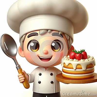 Funny cartoon of chef making delicious cakes. AI generated Stock Photo