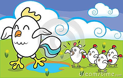 Funny cartoon chicken with chickens walking on Vector Illustration