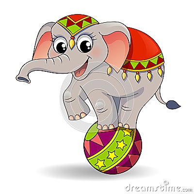 Funny cartoon circus elephant balancing on ball Vector Illustration