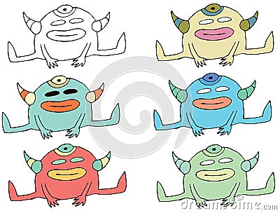 Funny cartoon colored write hand made draw doodle monster aliens sit Vector Illustration