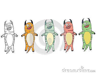 Funny cartoon colored write hand made draw doodle monster aliens tiger Vector Illustration