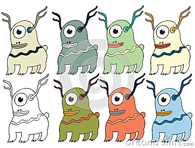 Funny cartoon colored write hand made draw doodle monster aliens deers Vector Illustration