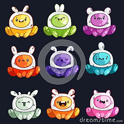 Funny cartoon colorful glossy aliens set. Little monsters collection. Vector Illustration