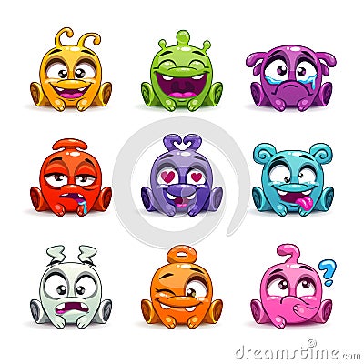 Funny cartoon colorful glossy aliens set. Vector Illustration