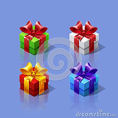 Funny cartoon colorful isometric gift boxes set. Vector Illustration