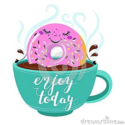 Funny Cartoon comic donut with smile face takes a bath in a cup of coffee. Vector Illustration