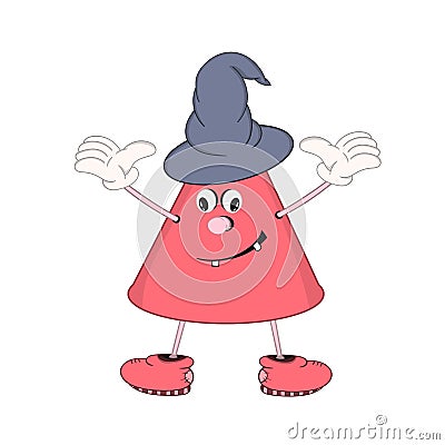 Funny cartoon cone with eyes, hands and feet, demonstrates the emotion of a smile. On the head is a wizard`s cap. Vector Illustration