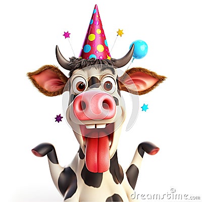 Funny cartoon cow wearing party hat and sticks out tongue isolated over white background. Colorful joyful greeting card for Stock Photo