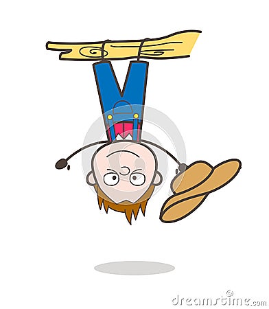 Funny Cartoon Cowboy Character Hanging Upside Down on Branch Vector Stock Photo