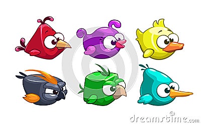 Funny cartoon crazy birds set Vector Illustration