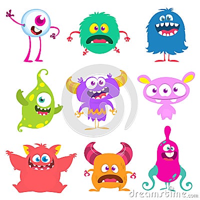 Funny cartoon creatures. Set of cartoon monsters: goblin or troll, cyclops, ghost, monsters and aliens. Halloween design Vector Illustration