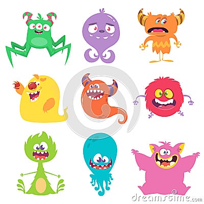 Funny cartoon creatures. Set of cartoon vector monsters. Halloween design illustration Vector Illustration