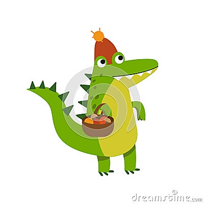 Funny cartoon crocodile character gathering mushrooms wearing knitted hat vector Illustration Vector Illustration