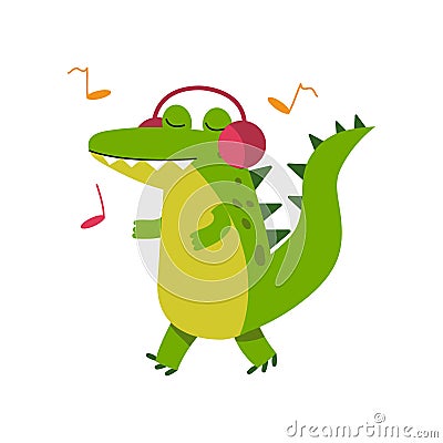 Funny cartoon crocodile character in headphones listening music and walking vector Illustration Vector Illustration