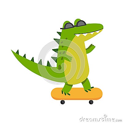 Funny cartoon crocodile character riding skateboard vector Illustration Vector Illustration