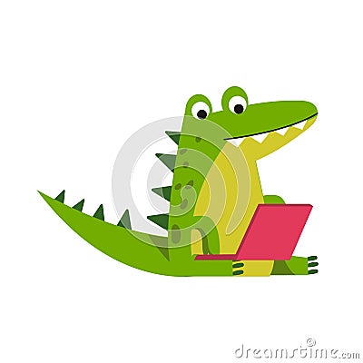 Funny cartoon crocodile character sitting using laptop vector Illustration Vector Illustration