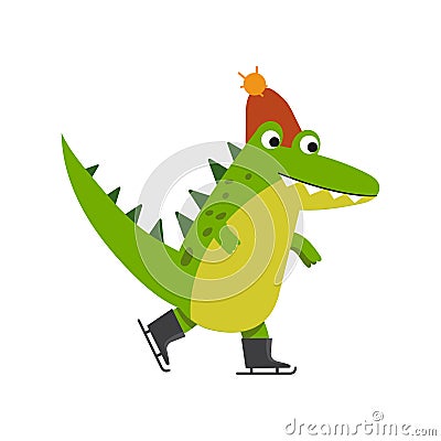 Funny cartoon crocodile character skating wearing knitted hat vector Illustration Vector Illustration