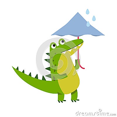 Funny cartoon crocodile character walking with umbrella vector Illustration Vector Illustration