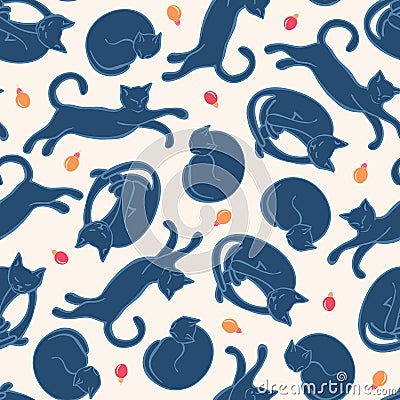 Funny cartoon cute blue cats. Seamless pattern with sleeping and playing kittens on white background. Winter texture Vector Illustration