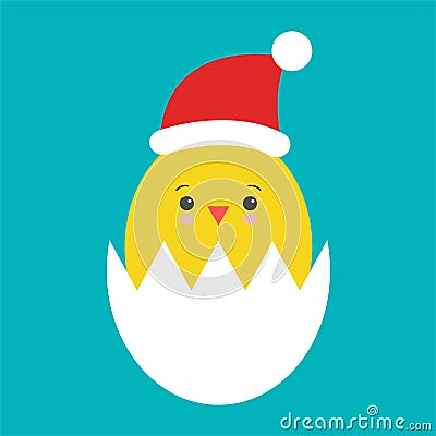 Funny cartoon cute chicken in santa s hat isolated on white background. Vector illustration Cartoon Illustration