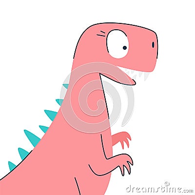 Funny cartoon cute pink dinosaur. Cute happy dinosaur girl. Funny pink dragon mascot. Isolated over white background Vector Illustration