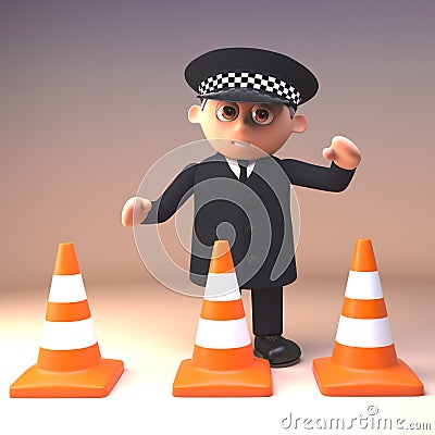 Funny cartoon 3d policeman character in police uniform stands behind a row of roadworks traffic cones, 3d illustration Cartoon Illustration
