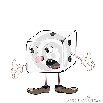 Funny cartoon dice with eyes, hands and feet in shoes experiencing emotion annoyance and spreads his hands. Vector Illustration