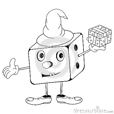 Funny cartoon dice in wizard hat with eyes, hands and feet holding a gift box in his hand and smiling. Black and white coloring Stock Photo