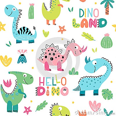 Funny cartoon dino seamless pattern Vector Illustration