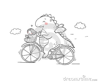 A funny cartoon dinosaur on a bicycle. Vector Illustration