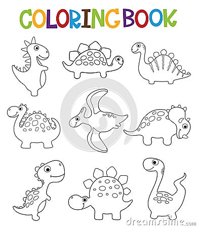 Funny cartoon dinosaurs collection. Coloring book Vector Illustration