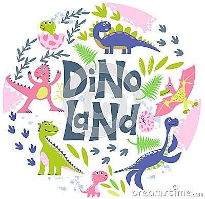 Funny cartoon dinosaurs collection. Dino color flat hand drawn vector Cartoon Illustration