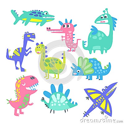 Funny cartoon dinosaurs set. Prehistoric animal characters vector Illustrations Vector Illustration