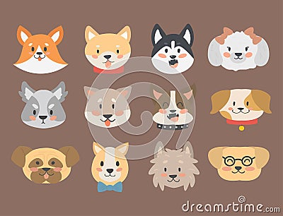 Funny cartoon dog character heads bread cartoon puppy friendly adorable canine vector illustration. Vector Illustration