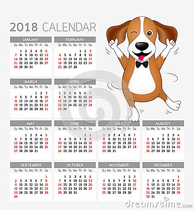 Funny cartoon dogs characters. Cute Beagle dancing calendar. Vector Illustration
